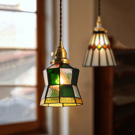 Tiffany Stained Glass Shade Mini Pendant Lamp With Brass Finish For Bedroom - 63 Hanging Wire