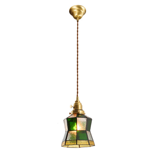 Tiffany Stained Glass Shade Mini Pendant Lamp With Brass Finish For Bedroom - 63 Hanging Wire