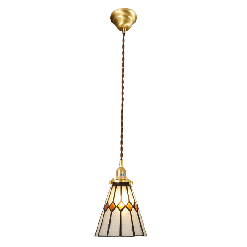 Tiffany Stained Glass Shade Mini Pendant Lamp With Brass Finish For Bedroom - 63 Hanging Wire