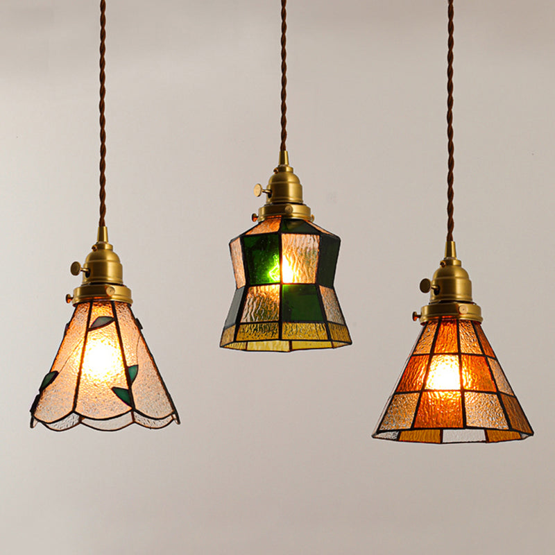 Tiffany Stained Glass Shade Mini Pendant Lamp With Brass Finish For Bedroom - 63 Hanging Wire