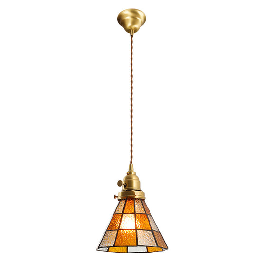 Tiffany Stained Glass Shade Mini Pendant Lamp With Brass Finish For Bedroom - 63 Hanging Wire