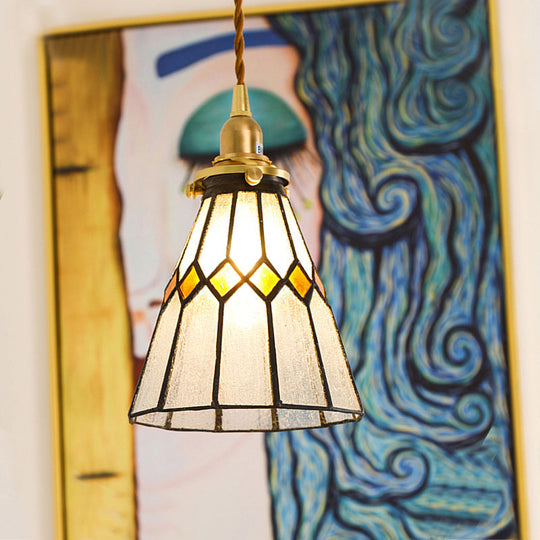 Tiffany Stained Glass Shade Mini Pendant Lamp With Brass Finish For Bedroom - 63 Hanging Wire