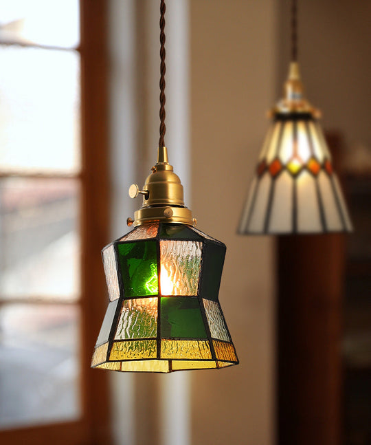 Tiffany Stained Glass Shade Mini Pendant Lamp With Brass Finish For Bedroom - 63 Hanging Wire