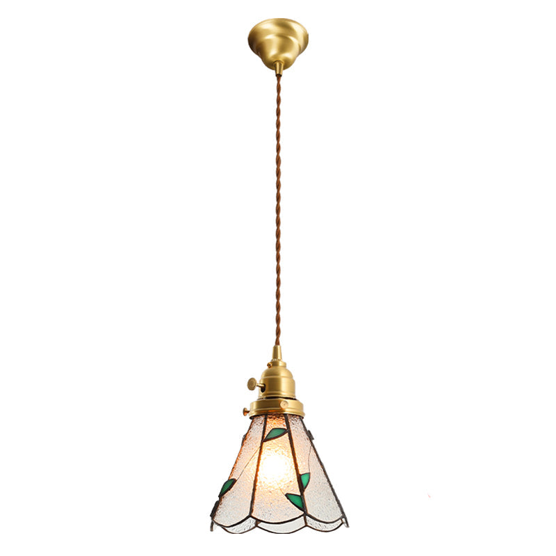 Tiffany Stained Glass Shade Mini Pendant Lamp With Brass Finish For Bedroom - 63 Hanging Wire