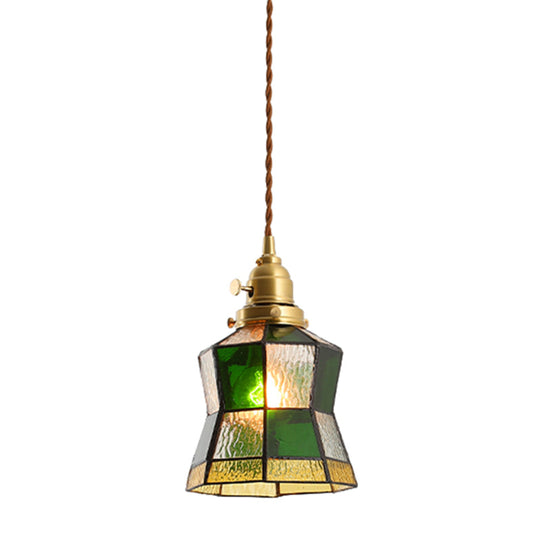 Tiffany Stained Glass Shade Mini Pendant Lamp With Brass Finish For Bedroom - 63 Hanging Wire