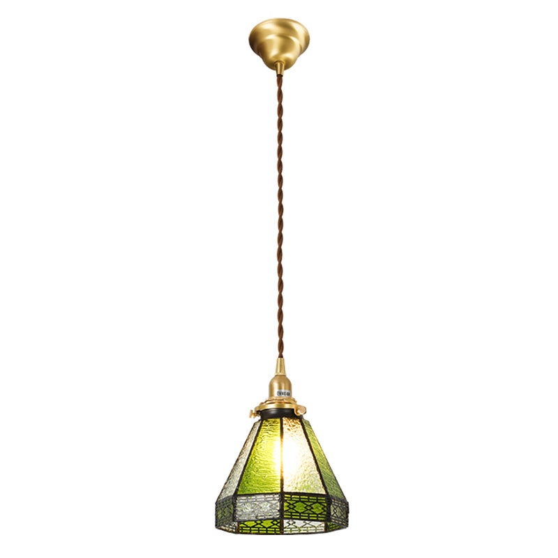 Tiffany Stained Glass Shade Mini Pendant Lamp With Brass Finish For Bedroom - 63 Hanging Wire