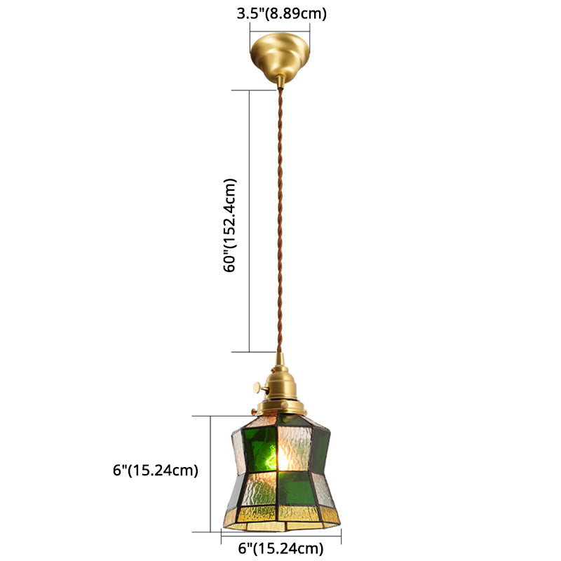 Tiffany Stained Glass Shade Mini Pendant Lamp With Brass Finish For Bedroom - 63 Hanging Wire