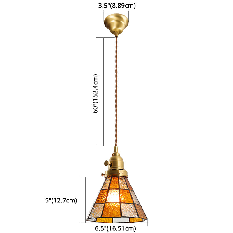 Tiffany Stained Glass Shade Mini Pendant Lamp With Brass Finish For Bedroom - 63 Hanging Wire