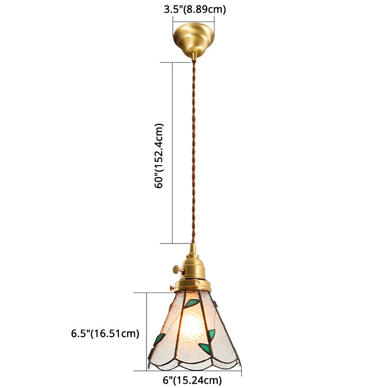 Tiffany Stained Glass Shade Mini Pendant Lamp With Brass Finish For Bedroom - 63 Hanging Wire