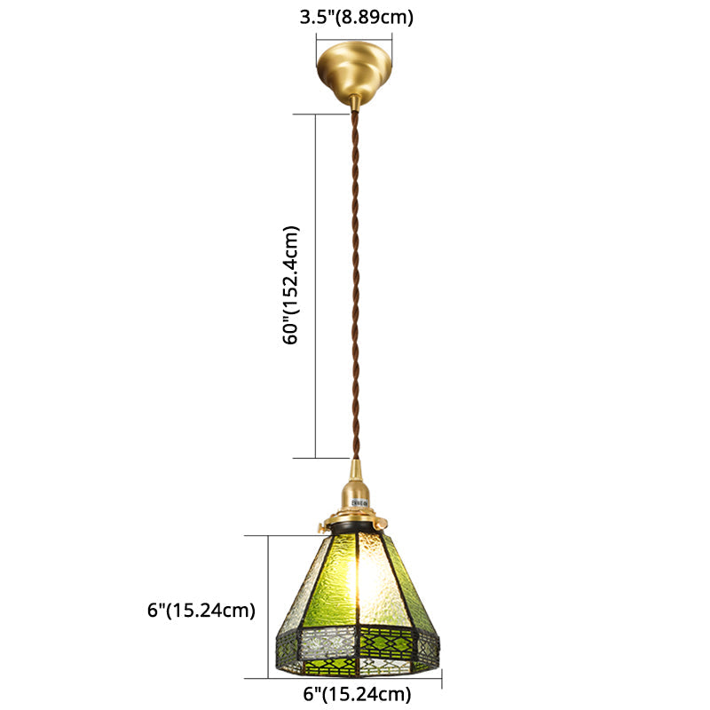 Tiffany Stained Glass Shade Mini Pendant Lamp With Brass Finish For Bedroom - 63 Hanging Wire