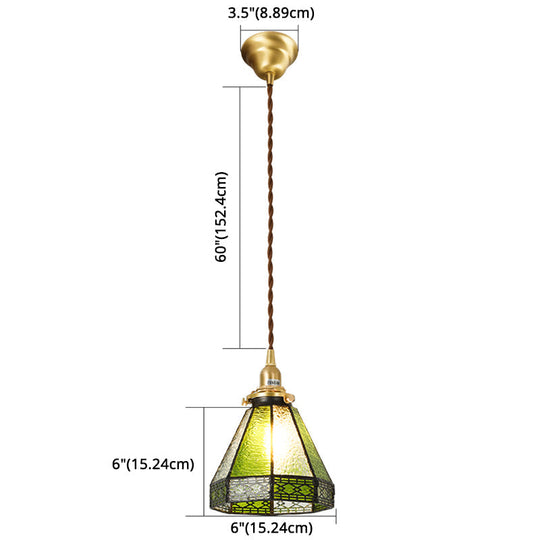 Tiffany Stained Glass Shade Mini Pendant Lamp With Brass Finish For Bedroom - 63 Hanging Wire