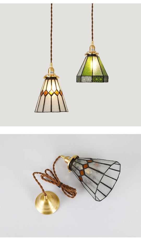 Tiffany Stained Glass Shade Mini Pendant Lamp With Brass Finish For Bedroom - 63 Hanging Wire