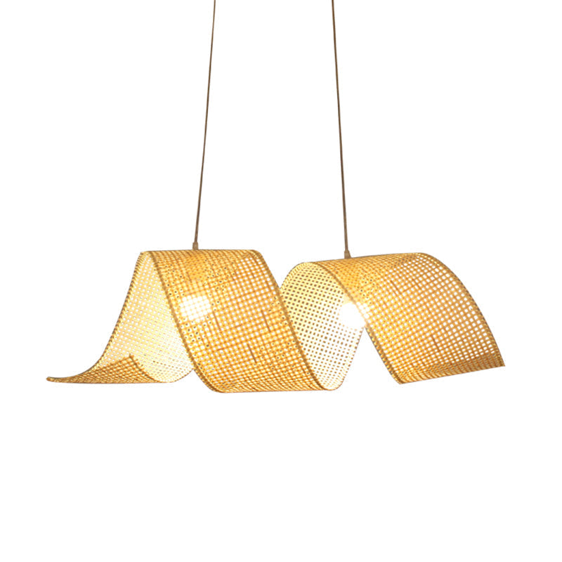 33.5 Asian Style Bamboo Twist Suspension Pendant - 2-Light Flaxen Hanging Light