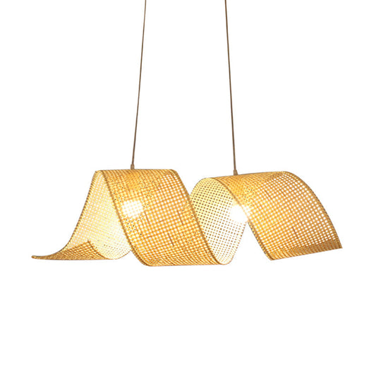 33.5 Asian Style Bamboo Twist Suspension Pendant - 2-Light Flaxen Hanging Light