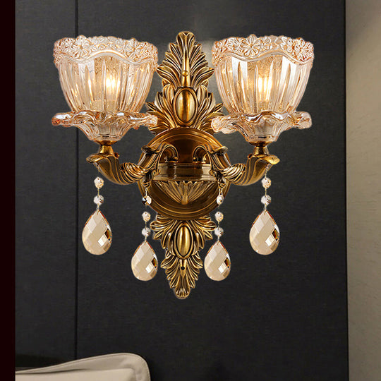 Modern Floral Shaped Wall Sconce Light With Amber Glass And Teardrop Crystal Drop In Brass - 1/2