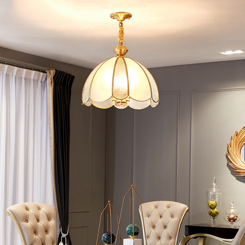 Brass Hanging Dome Pendant Light With Elegant Frosted Glass Shade - Perfect For Living Room