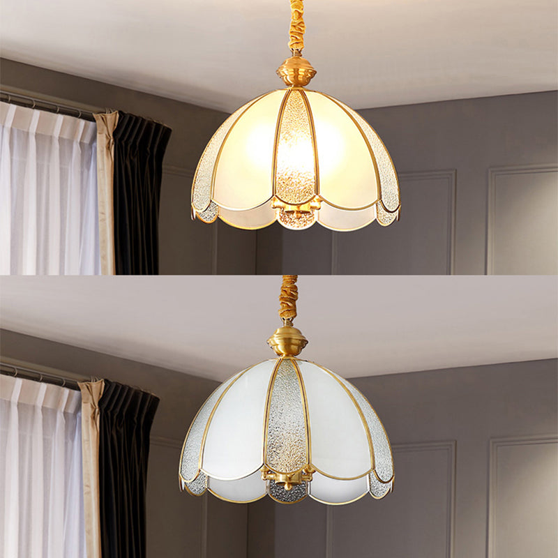 Brass Hanging Dome Pendant Light With Elegant Frosted Glass Shade - Perfect For Living Room