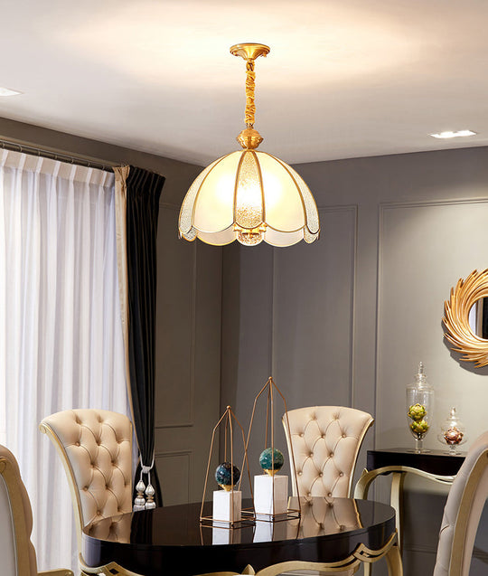 Brass Hanging Dome Pendant Light With Elegant Frosted Glass Shade - Perfect For Living Room