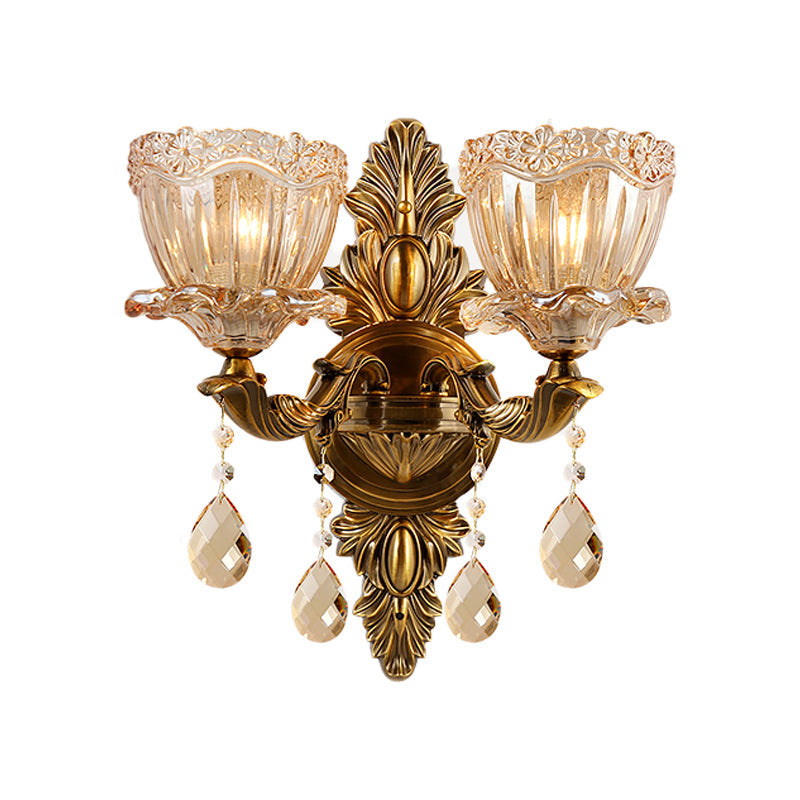 Modern Floral Shaped Wall Sconce Light With Amber Glass And Teardrop Crystal Drop In Brass - 1/2