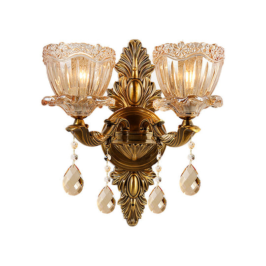 Modern Floral Shaped Wall Sconce Light With Amber Glass And Teardrop Crystal Drop In Brass - 1/2