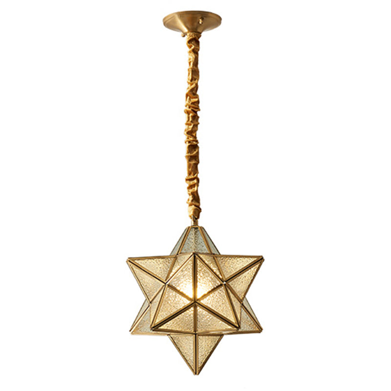 Antique Brass Star Shade Glass Pendant Lamp - Vintage Hanging Light For Hallway With Adjustable