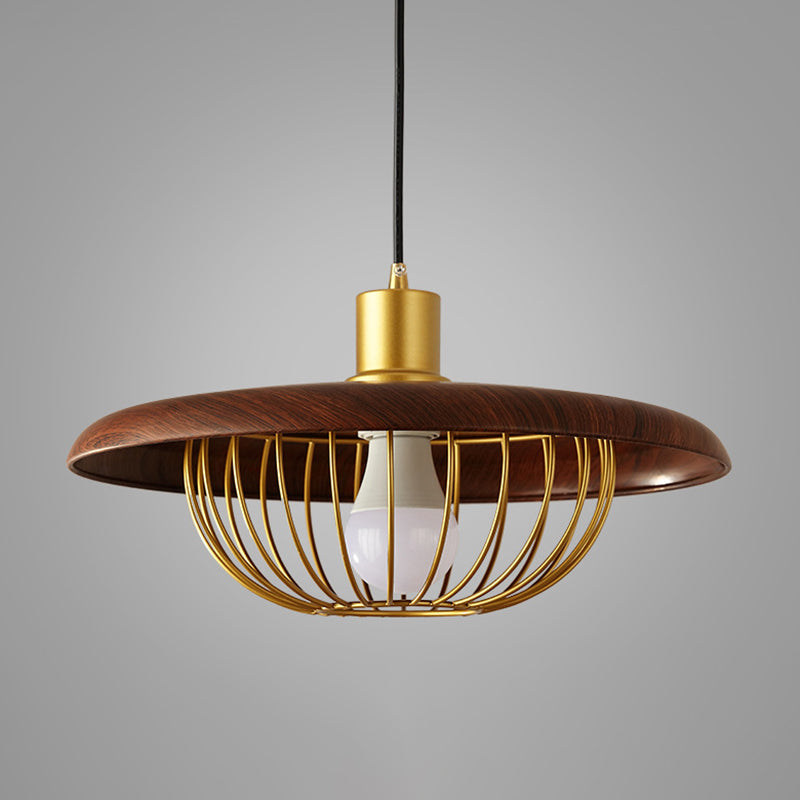 Modern Wooden Pendant Light With Golden Metal Cage - Single Bulb Hanging Lamp For Coffee Shop