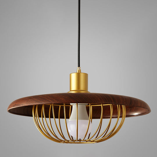 Modern Wooden Pendant Light With Golden Metal Cage - Single Bulb Hanging Lamp For Coffee Shop Dark