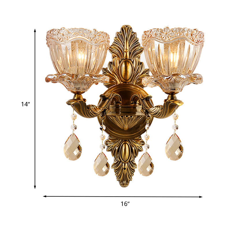 Modern Floral Shaped Wall Sconce Light With Amber Glass And Teardrop Crystal Drop In Brass - 1/2