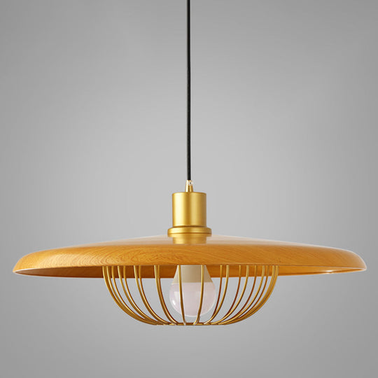 Modern Wooden Pendant Light With Golden Metal Cage - Single Bulb Hanging Lamp For Coffee Shop Wood /