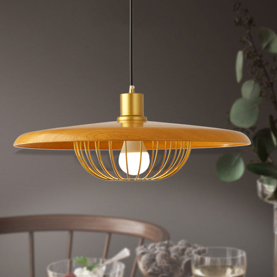 Modern Wooden Pendant Light With Golden Metal Cage - Single Bulb Hanging Lamp For Coffee Shop