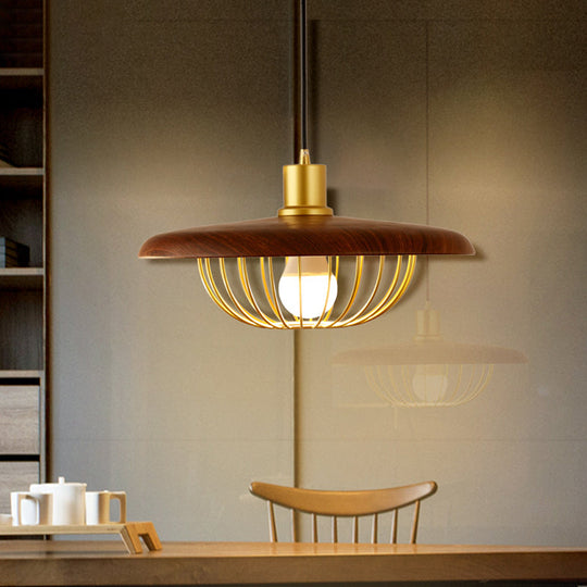 Modern Wooden Pendant Light With Golden Metal Cage - Single Bulb Hanging Lamp For Coffee Shop