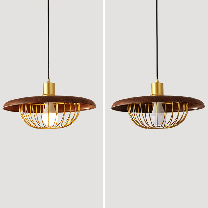 Modern Wooden Pendant Light With Golden Metal Cage - Single Bulb Hanging Lamp For Coffee Shop