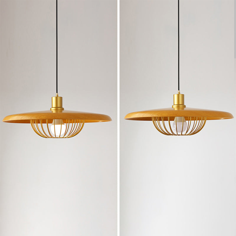 Modern Wooden Pendant Light With Golden Metal Cage - Single Bulb Hanging Lamp For Coffee Shop