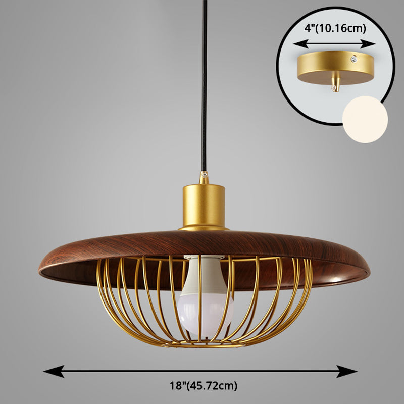 Modern Wooden Pendant Light With Golden Metal Cage - Single Bulb Hanging Lamp For Coffee Shop