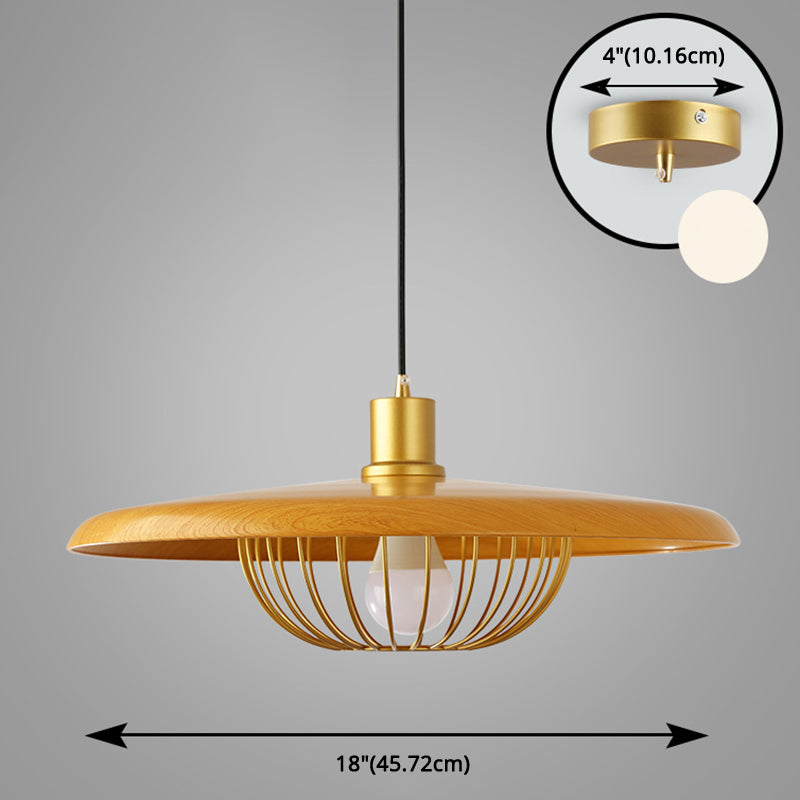 Modern Wooden Pendant Light With Golden Metal Cage - Single Bulb Hanging Lamp For Coffee Shop