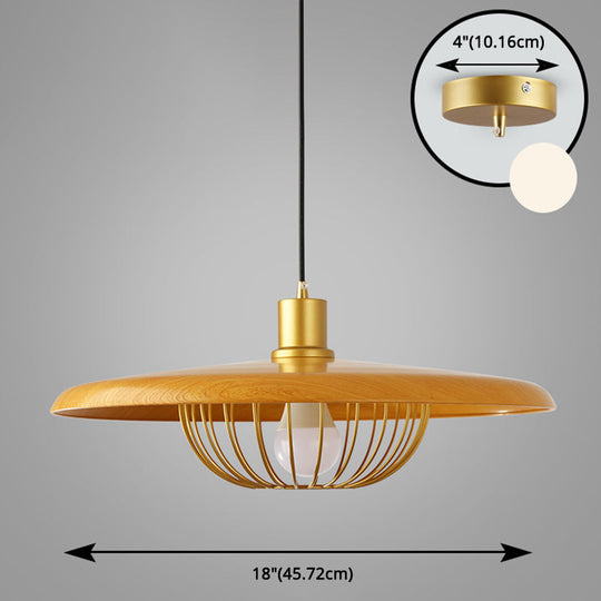 Modern Wooden Pendant Light With Golden Metal Cage - Single Bulb Hanging Lamp For Coffee Shop