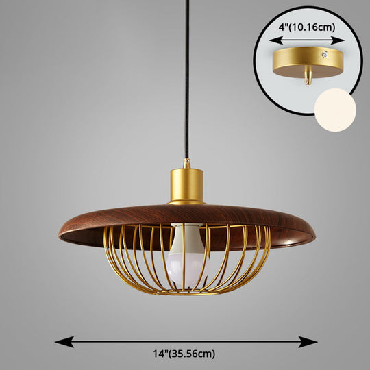 Modern Wooden Pendant Light With Golden Metal Cage - Single Bulb Hanging Lamp For Coffee Shop