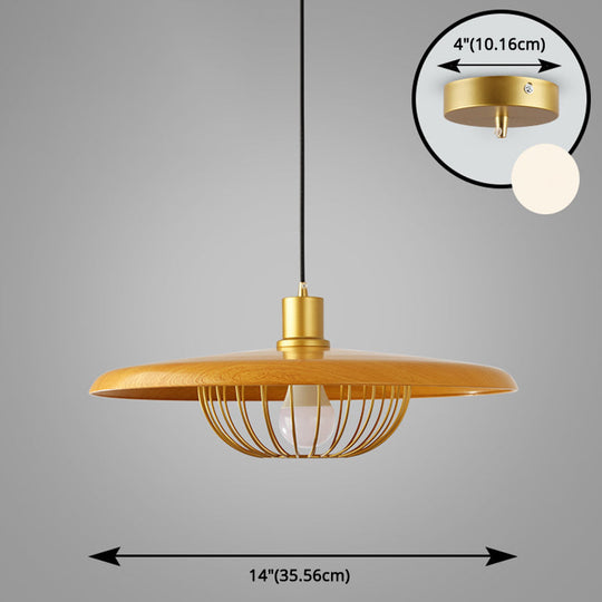 Modern Wooden Pendant Light With Golden Metal Cage - Single Bulb Hanging Lamp For Coffee Shop