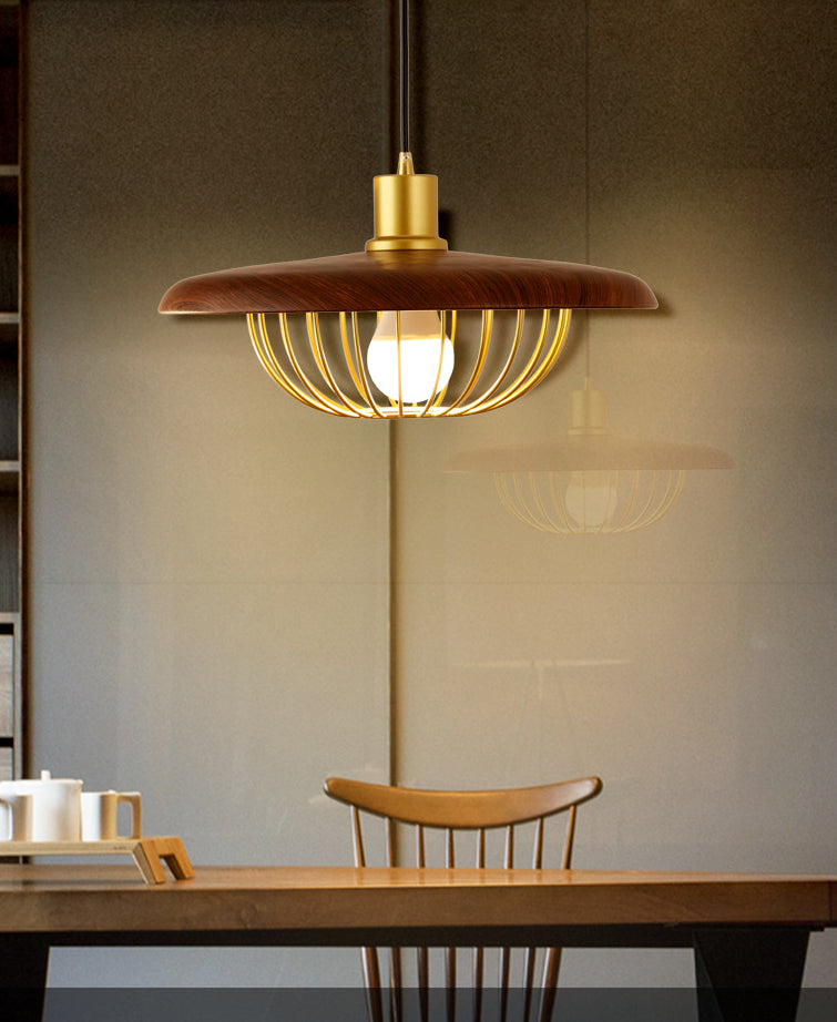 Modern Wooden Pendant Light With Golden Metal Cage - Single Bulb Hanging Lamp For Coffee Shop