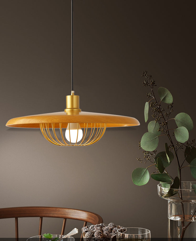 Modern Wooden Pendant Light With Golden Metal Cage - Single Bulb Hanging Lamp For Coffee Shop