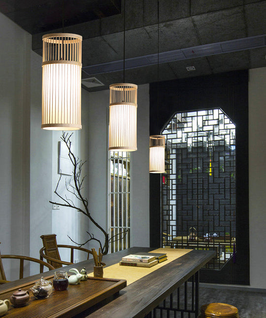 Chinese Style Bamboo Weaving Pendant Light - Wood Cage Hanging Lighting Fixture For Restaurants