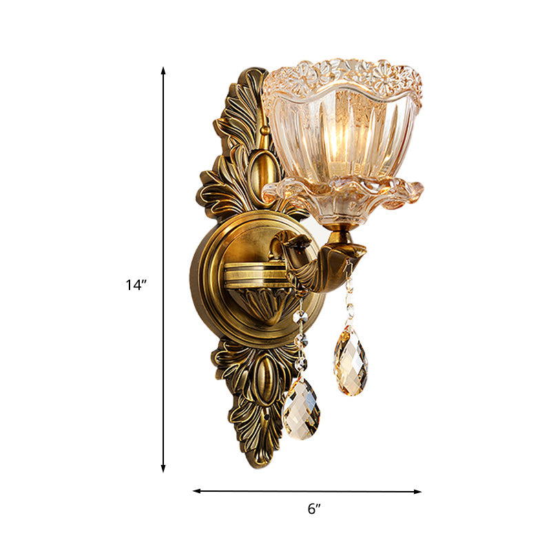 Modern Floral Shaped Wall Sconce Light With Amber Glass And Teardrop Crystal Drop In Brass - 1/2