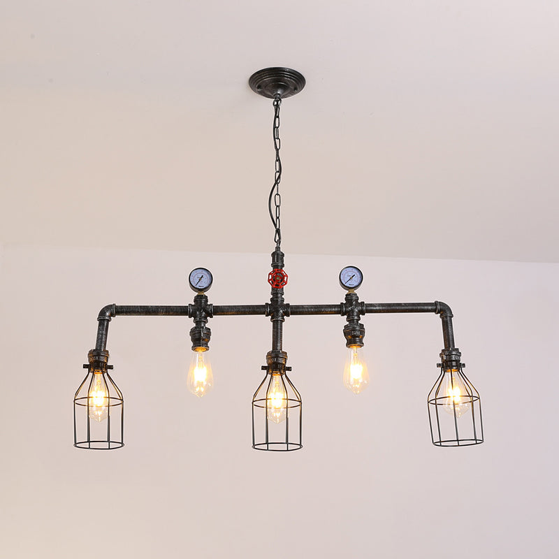 Industrial Metal Island Lighting With 5 Lights Suspension Light In Black: Pipe And Gauge Design Cage