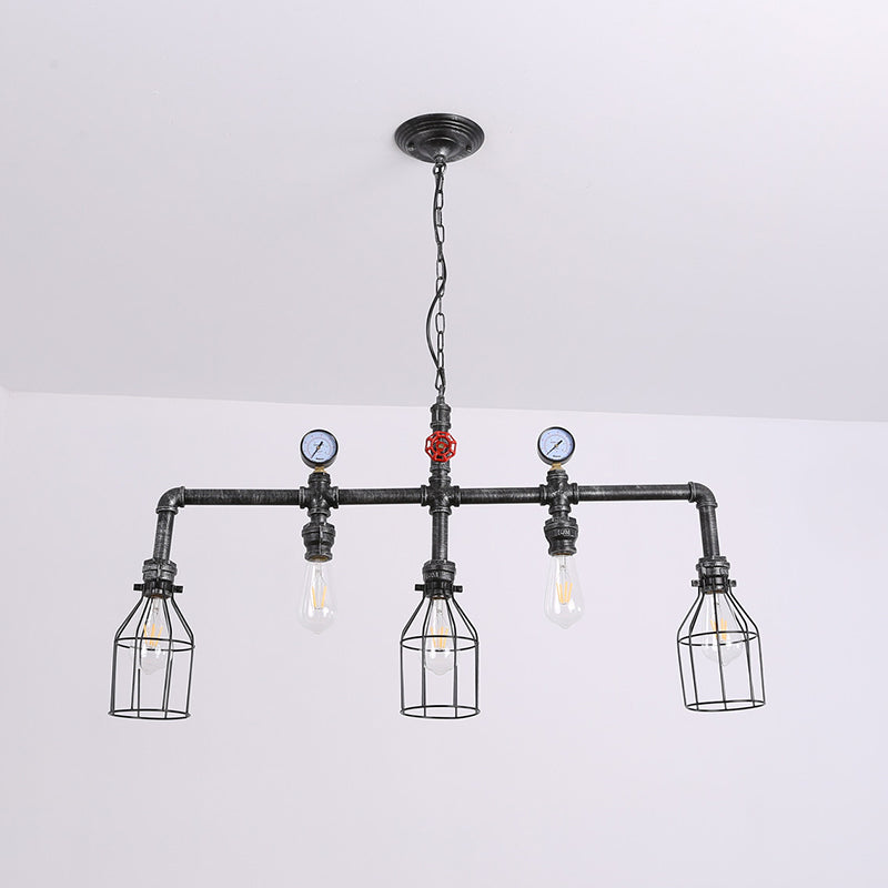 Industrial Metal Island Lighting With 5 Lights Suspension Light In Black: Pipe And Gauge Design Cage