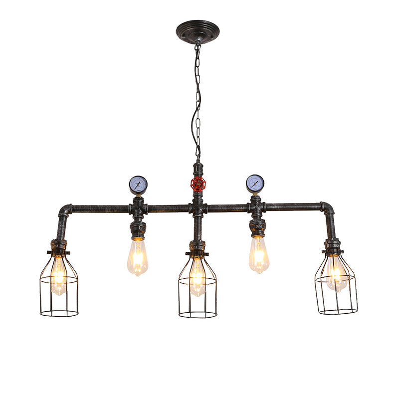 Industrial Metal Island Lighting With 5 Lights Suspension Light In Black: Pipe And Gauge Design Cage