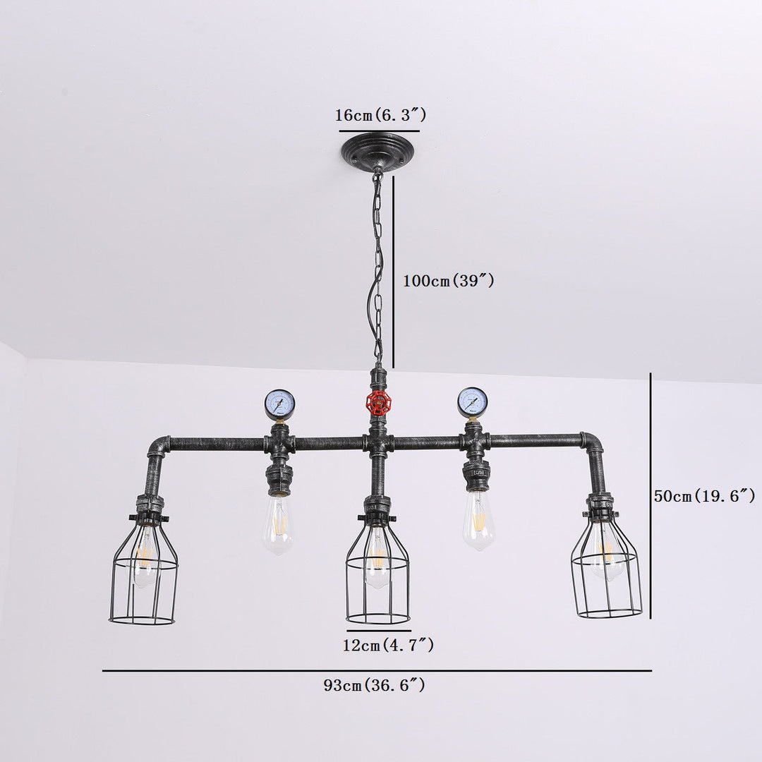 Industrial Metal Island Lighting With 5 Lights Suspension Light In Black: Pipe And Gauge Design Cage