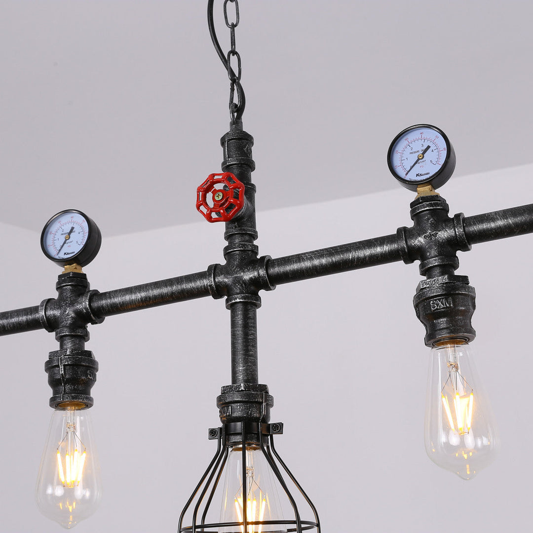 Industrial Metal Island Lighting With 5 Lights Suspension Light In Black: Pipe And Gauge Design Cage