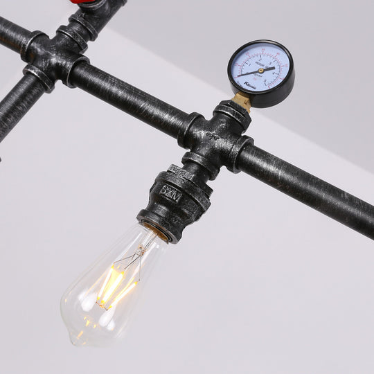 Industrial Metal Island Lighting With 5 Lights Suspension Light In Black: Pipe And Gauge Design Cage