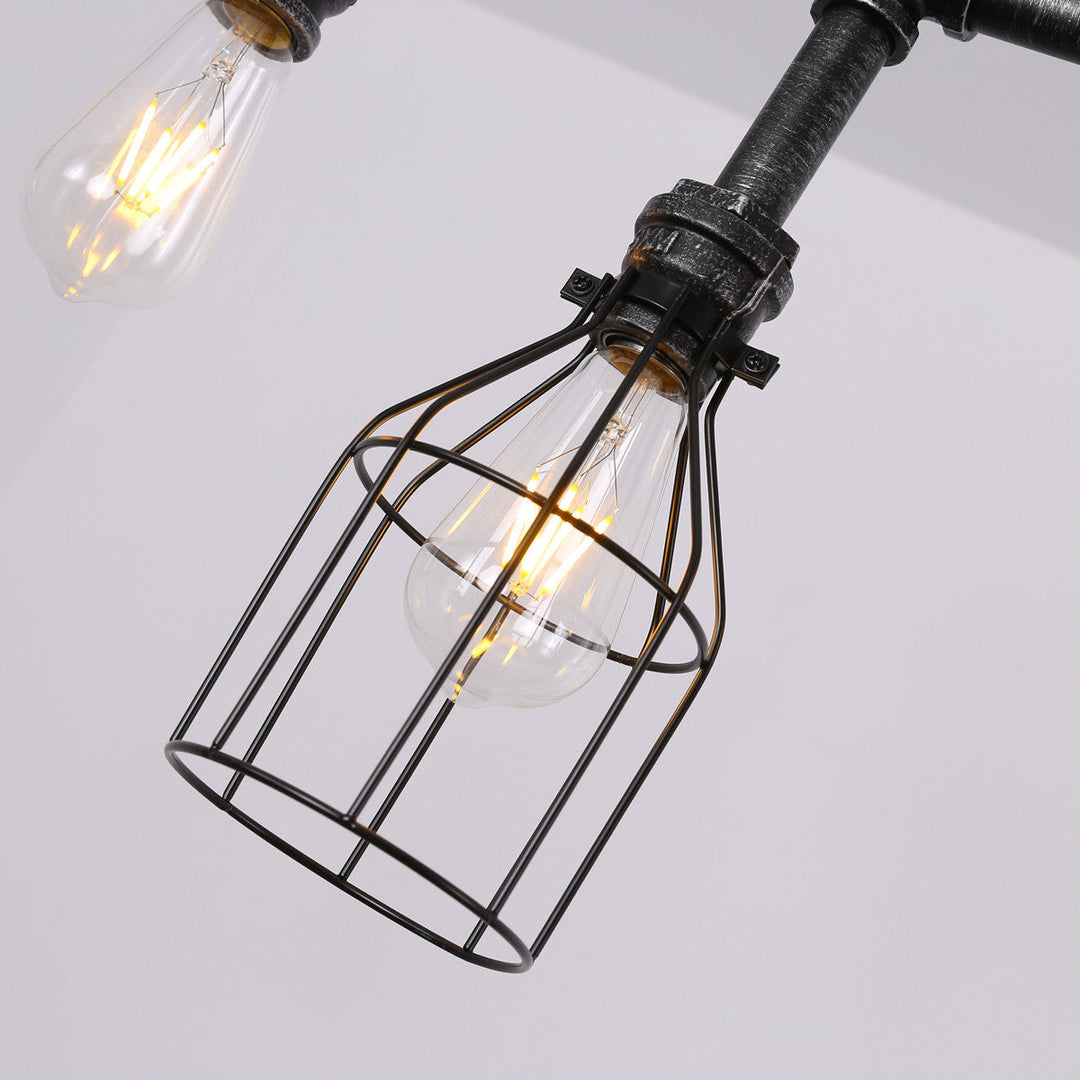 Industrial Metal Island Lighting With 5 Lights Suspension Light In Black: Pipe And Gauge Design Cage