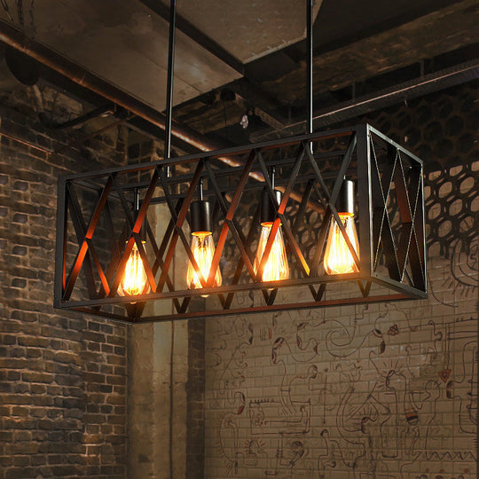 Industrial Style Black Ironwork Pendant Light For Bar - Rectangular Island Design